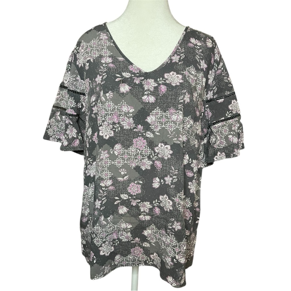 Floral Ruffle Sleeve Top - Gray and Pink